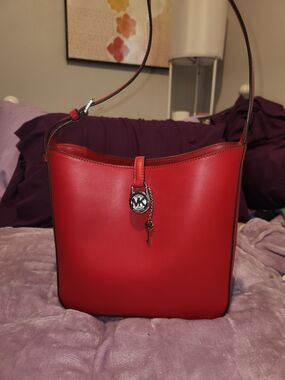 NWOT Michael Kors Red Leather Shoulder Hobo with Silver MK Charm Closure